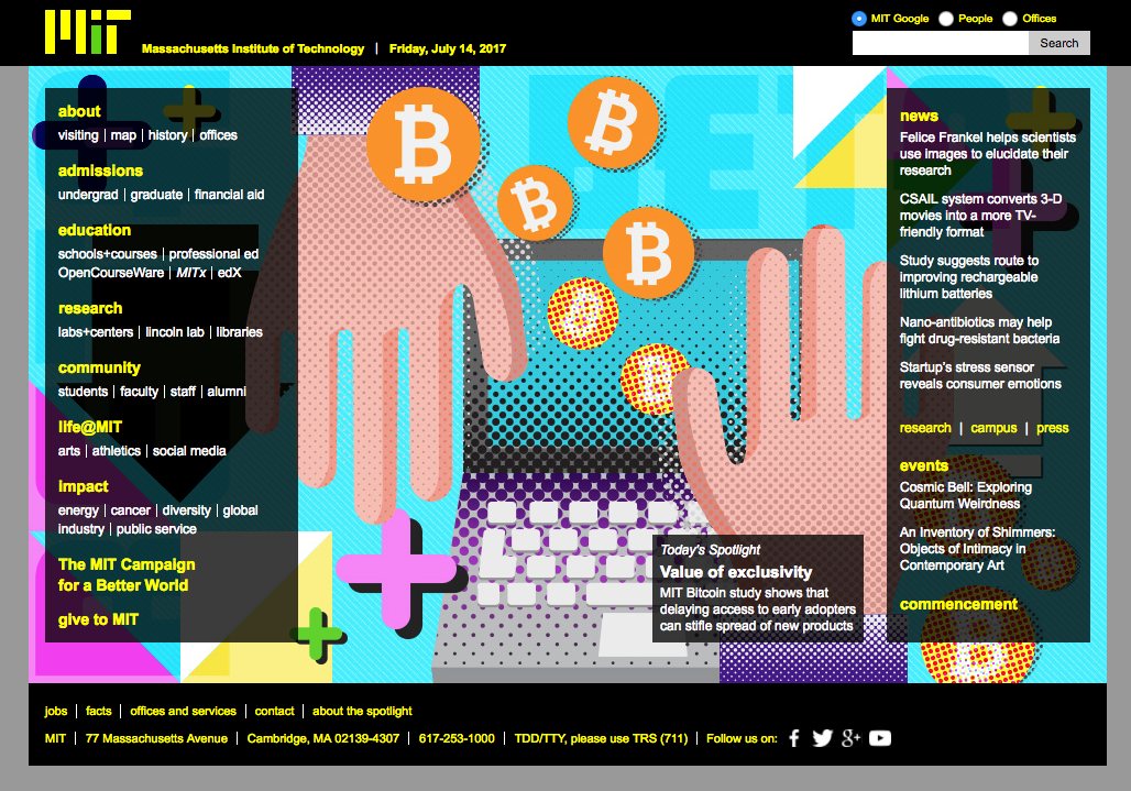 The MIT homepage featuring the Bitcoin experiment